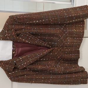 Tweed fall colors brown dressy jacket, 2 buttons at waist.